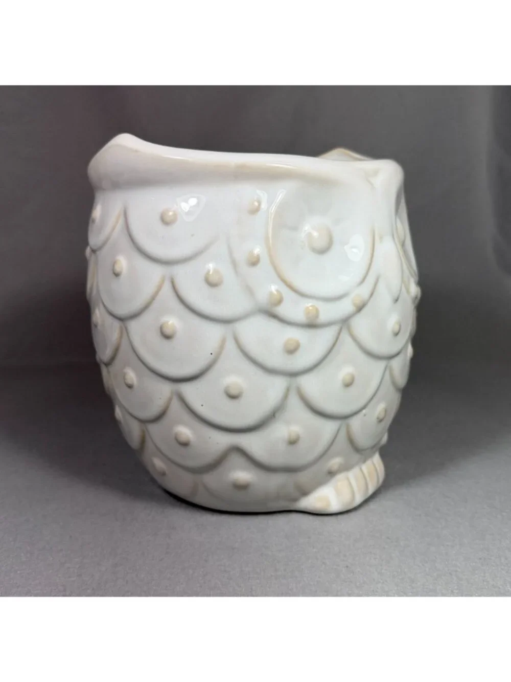 White Ceramic Owl Utensil Holder Crock Embossed Boho Farmhouse Kitchen Decor